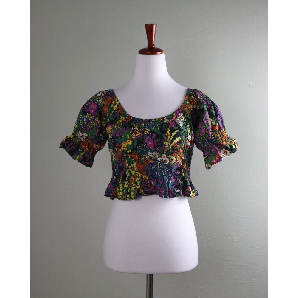 ANTHROPOLOGIE $195 Banjanan Floral Ruffle Smocked Cropped Blouse Top Size Small